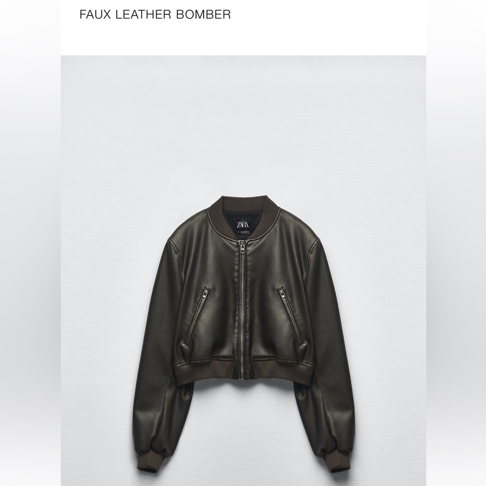 NEW NWT ZARA FAUX LEATHER BOMBER JACKET VINTAGE BLACK DARKEST BROWN SIZE S